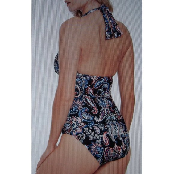 Time & Tru Missy Medium One Piece Swimsuit black blue pink paisley halter v-neck - Picture 3 of 9